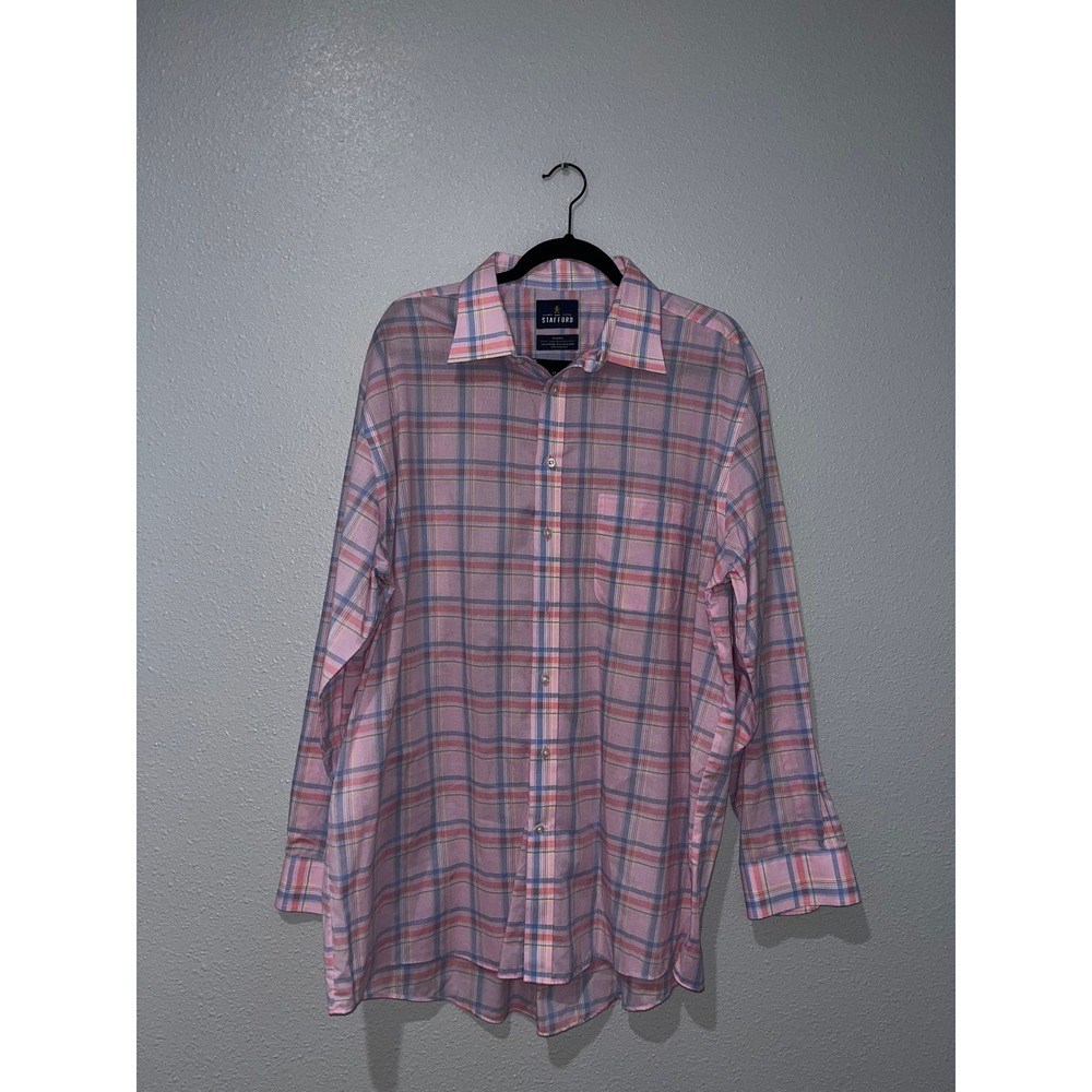 Stafford Travel Pink Plaid Easy Care Broadcloth Shirt Mens 17.5 34-35 Regular